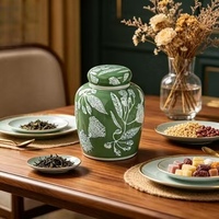 Pot à gingembre en céramique vert à motifs floraux avec couvercle, pot de rangement décoratif en porcelaine, décoration de table pour la maison, boîte de rangement pour le salon et la cuisine