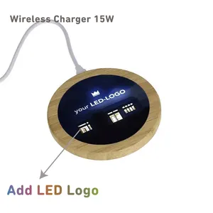 에코 친화적 인 사용자 정의 LED 로고 라운드 15W 대나무 휴대 전화 충전기 무선 충전기 패드 사무실 책상 용