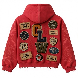 Sudadera con capucha pesada OEM con cremallera, de algodón y felpa, con efecto desgastado, bordes sin rematar, aplique de letras, estilo urbano, personalizada para hombre - Product Image 2