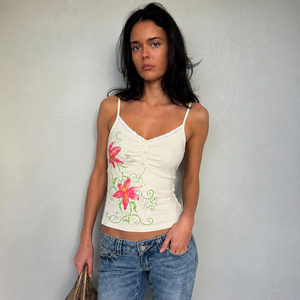 American Sweetheart Lace <b>Patchwork</b> Floral Print V Neck Camisole Ruched Button Detail Slim Fit Tank <b>Top</b> for Women - Product Image 3