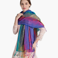Écharpe Pashmina tendance multicolore à motif cachemire avec pompons, style ethnique, brodée dégradée, 180 cm – Meilleure vente pour femme