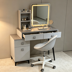 Modern White Vanity Table <b>with</b> <b>Lighted</b> Square <b>Mirror</b> and Storage Drawers - Product Image 4