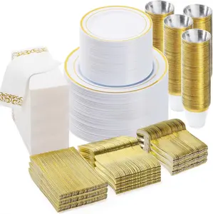 Набор Золотой посуды из 700 предметов-200 Пластиковые тарелки-300 Золотые пластиковые столовые приборы-100 Золотые пластиковые стаканчики-100 одноразовое полотенце для рук
