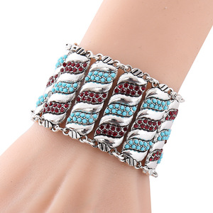 Bracciale Rigido Largo in Stile Etnico con <span class=keywords><strong>Perline</strong></span> Argento Blu e Rosso Vino <span class=keywords><strong>per</strong></span> Donne, Cornice in Metallo Retrò Anticato - Product Image 1