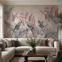 Papier peint autocollant imperméable vintage tropical avec des perroquets, motif rétro rose et gris, jungle, oiseaux, pour la décoration murale de la maison