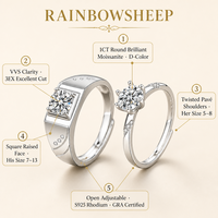 Ensemble de bagues ajustables en moissanite 1 carat couleur D VVS 3EX, avec bande large géométrique pour homme et bague classique en argent S925 plaqué rhodium pour femme