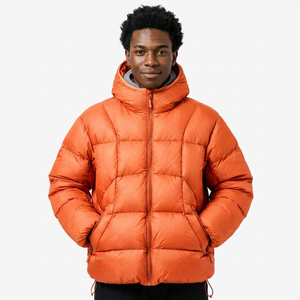 Unisex Orange Hooded Puffer <b>Jacket</b> Zipper Closure Windproof Casual Winter Eco-friendly Cotton Filled Thick Regular Fit Solid - Product Image 1