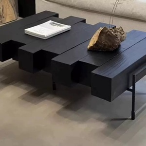 Modern <b>Solid</b> Oak <b>Wood</b> Strip Coffee Table with Metal Frame Customized Color Quiet Living Room Hall Black Household Furniture - Product Image 1