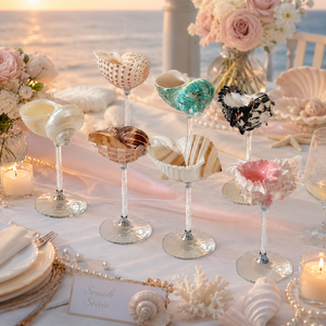 Décorations de fête de mariage Pafu, faites à la main, en coquillages naturels, style côtier, centre de table, verre à vin en coquillages côtiers - Product Image 1
