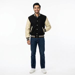 แจ็คเก็ตเบสบอลแบบ Letterman ระดับพรีเมียม OEM สำหรับโรงเรียน/วิทยาลัย  ตัวเสื้อสีดำ แขนหนังสีขาวครึ่งแขน - Product Image 1