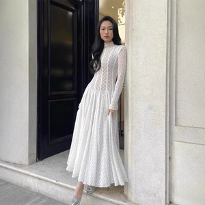 Falda de paraguas de cuello alto elegante de encaje de manga larga para vestido de primavera y <span class=keywords><strong>verano</strong></span> - Product Image 2