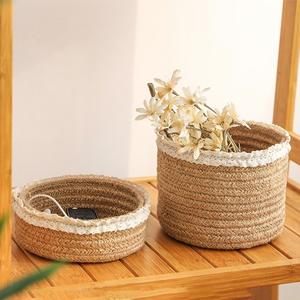 ตะกร้าทอเชือกฝ้ายทำมือทรงกลมสำหรับใส่ขนมเครื่องสำอางที่ใส่กุญแจที่เก็บของบนโต๊ะในครัวเรือน - Product Image 5