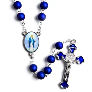 Religieuze Fashion Rvs Cross Kralen Ketting Rozenkrans Ketting Blauw Acryl Katholieke Cross Rozenkrans Ketting