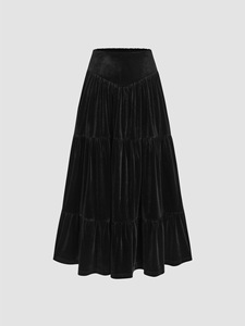 2026 Wholesale of high-end European and American design mid length casual lotus leaf <b>velvet</b> midi <b>skirt</b> - Product Image 1