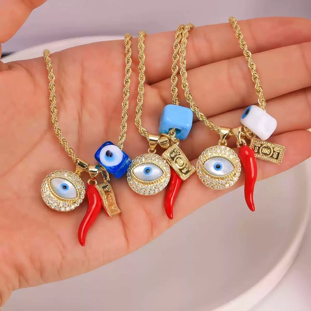 BD-D571Blue Eye & Chili Charm Pendant Necklace Turkish Eyes Amulet Handmade Jewelry Necklace of Lucky Women's Gift