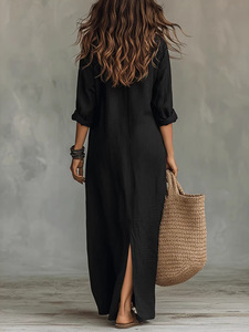 Robe longue décontractée pour femme, col licou, couleur unie, fente avant, respirante et écologique, collection Printemps/Été 2026, style européen et américain - Product Image 4