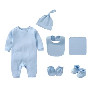 2024新款纯棉婴儿连身衣6件连身衣春秋连身衣带帽围兜婴儿服装套装0 ~ 3个月新生儿