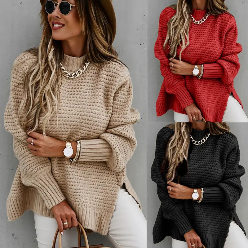 2022 2023 new women's sweater casual half high neck solid color long-sleeved side slit knitted sweaters for women