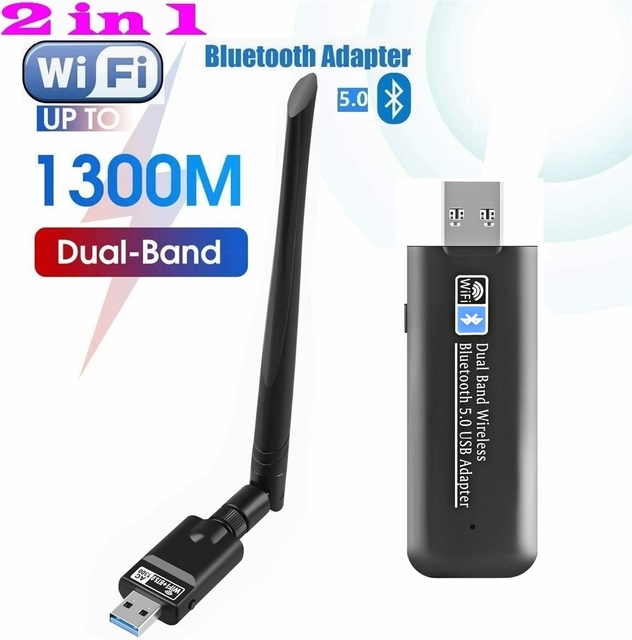 2 in 1 USB 3.0 WiFi Bluetooth Adapter, 1300Mbps Dual Band 2.4/5Ghz Wireless Network Card Receiver Mini WiFi Dongle 5dBi Antenna