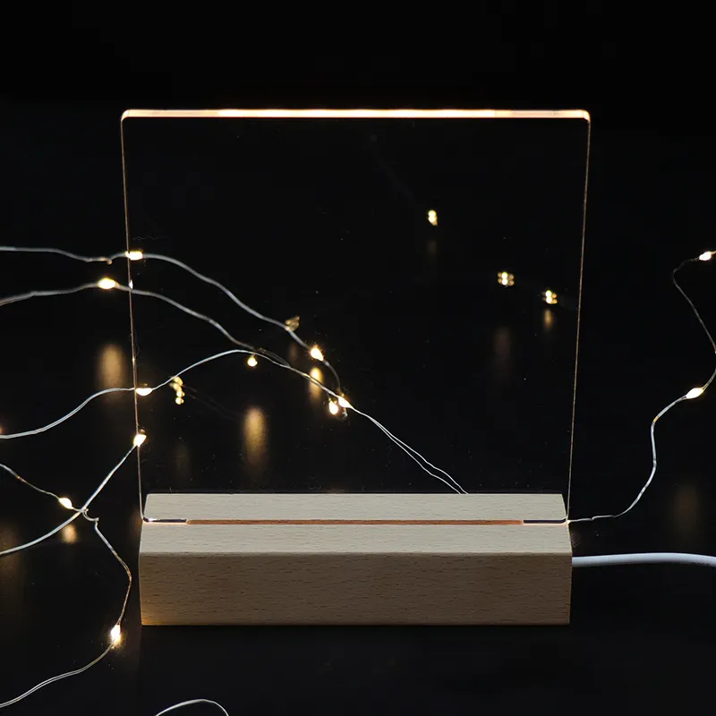 Venta caliente DIY grabar en blanco acrílico lámpara de Base de madera 3D LED de luz de la noche de mesa decorativa lámpara de noche