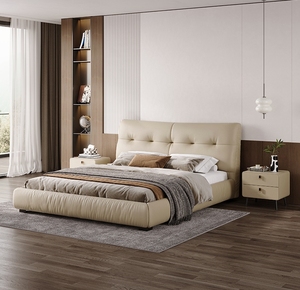 Casa moderna minimalista stile cremoso King-Size camera da letto allestita-fondina mezza pelle letto in legno massello per Villa letto Hotel - Product Image 2