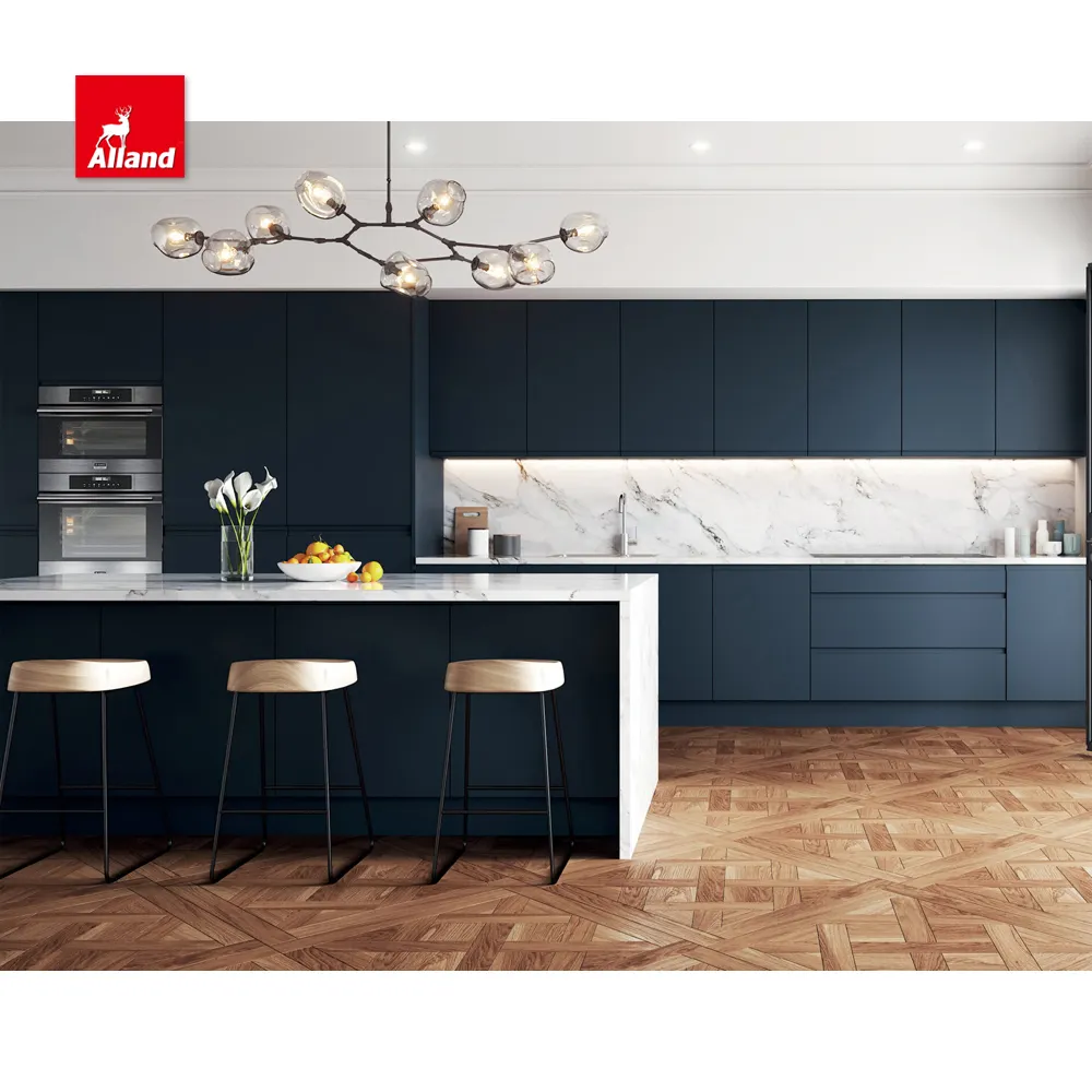 Allandcabinet Navy Blue Lacquer Kitchen Cabinet 45 Degree Bevel Pull Modern Joinery With LED Light With Marble Waterfall Island