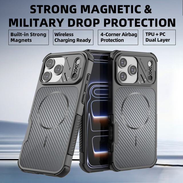 Premium Carbon Fiber Texture TPU PC Phone Case Anti Drop Shockproof Cover with Wireless Charging Support for iPhone