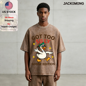 T-shirt en coton délavé oversize avec impression de citation à thème canard amusant et rétro 'Got Too Silly', style décontracté rétro, vente en gros depuis l'entrepôt des États-Unis - Product Image 1