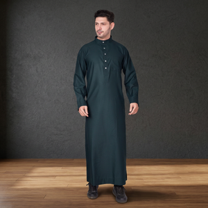 Túnica Masculina Color Verde Azulado Oscuro, Manga Larga, Cierre de Botones, Cuello Alto, Estilo Tradicional Saudí, Kuwaití, Emiratí, Islámico, Musulmán - Product Image 2