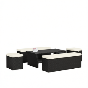 Ensemble de jardin en rotin blanc crème et noir avec structure en métal thermolaqué, mobilier d'extérieur au design contemporain - Product Image 1
