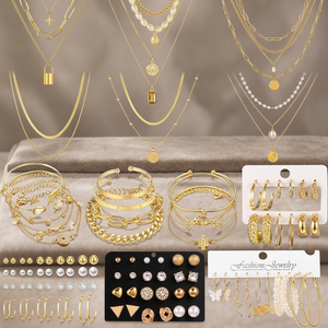 Set di Gioielli Placcati Oro da 73 Pezzi per Donna, Include Collana, Bracciale, Cavigliera, Orecchini a Perno e a Cerchio, Bracciali a Catena alla Moda - Product Image 2