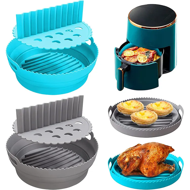 Acessórios de cozinha dobráveis 2 em 1 recicláveis de alta qualidade, panela de silicone/bandeja/bakeware, forros macios para fritadeira de ar com almofada divisória