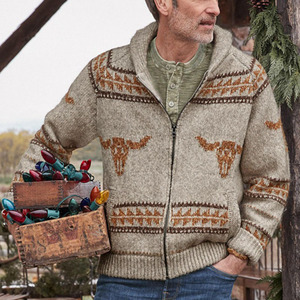 Western Style Sueter Manga Larga Hombre Cowboy Bull Jacquard Knitted Jumpers Sweaters Aztec <strong>Men</strong> <strong>Zip</strong> <strong>up</strong> <strong>Men's</strong> Sweater <strong>Cardigan</strong> - Product Image 2