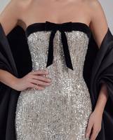 Robe de soirée LM D256 Y2K Sweet Ruched Leopard Silver Sequin A-Line avec nœud noir et cape surdimensionnée pour gala