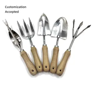 Customized Heavy Duty Stainless Steel Gardening Tools Set with Wood Handle Hand Trowel Transplanter Weeder Cultivator