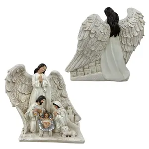 OEM Resin Religious Christian Gifts Angel Wings Holy Family Figurines Crafts Catholic Statue Religious Decor