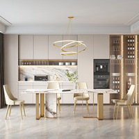 Ensemble Table à Manger de Luxe en Métal pour Villa, 8 Places, Plateau Marbre Ardoise, Grand Mobilier de Salle à Manger Complet