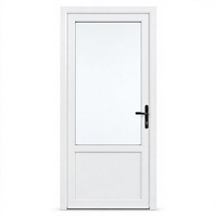 Porte d'entrée simple en PVC blanc avec panneau de verre double vitrage, serrure multipoints et poignée à levier en aluminium noir pour usage résidentiel