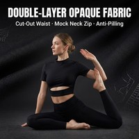 Haut court de sport pour femme à découpes à la taille, col montant, demi-zip, en jersey double maille respirant, uni, pour l'été, le yoga et la course