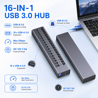 16 Portlu Güçlendirilmiş USB 3.0 Hub, 5Gbps, 16x USB-A, Ayrı Ayrı Anahtarlı, Veri ve Şarj İçin Alüminyum Çoklu Portlu Hub