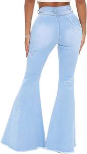 Classique papillon brodé cloche bas <span class=keywords><strong>jean</strong></span> pour femmes bleu clair taille haute ourlet brut mode Flare <span class=keywords><strong>jean</strong></span> - Product Image 4