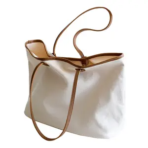 Sıcak satış büyük kanvas çanta kadın muhtelif alışveriş çantası tuval ve deri Tote çanta OEM