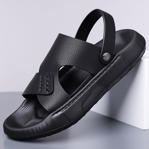 Men's Genuine Leather <b>Slides</b> Open Toe Rubber Sole Casual Summer Sandals - Product Image 3