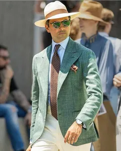 Hot Summer Two Pieces Grünes Leinen Herren anzüge Casual Street Style Maßge schneiderte Jacken hose Slim Fit Coat Design Herren Outfit Wear