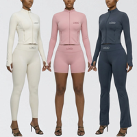 Ensemble 2 pièces OEM pour femme : veste zippée avec trous pour les pouces et poches zippées, et pantalon slim, crop top, leggings et pantalon évasé, logo personnalisé