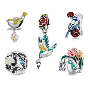 JEEVA 925 Sterling Silver Flower & Bird Charms Spring Begins Series Pendant fit for Original Bracelet & Bangle Fine Jewelry