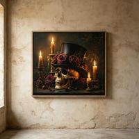 Tableau mural gothique Crâne avec chapeau haut et roses rouges, impression sur toile style Dark Academia, peinture vintage squelette aux chandelles pour Halloween