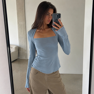 Elegant <b>Square</b> <b>Neck</b> Knit <b>Top</b> Patchwork <b>Sleeve</b> <b>Long</b> <b>Sleeve</b> Tee Shoulder Panel Detail Slim Fitted Women's 100% Cotton Basic - Product Image 5