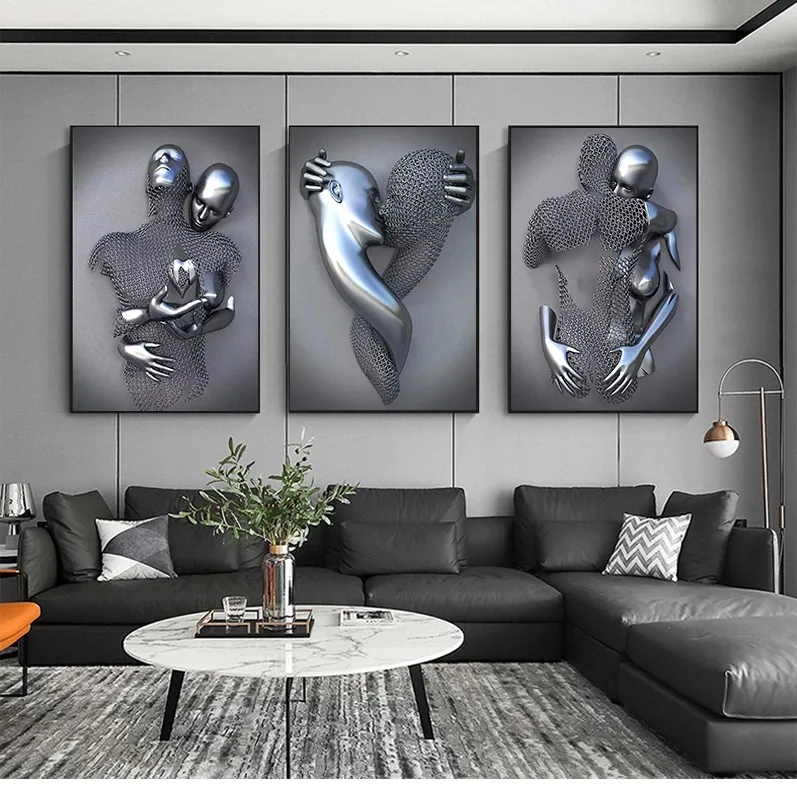 Figura de Metal de parejas nórdicas, estatua artística de pared, pintura en lienzo, escultura de amantes, póster impreso, imagen de pared para sala de estar, decoración del hogar