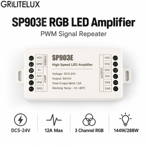 Módulo Amplificador de Señal RGB SP903E DC5-24V 12A Salida Máxima para Conexión de Controlador de Tiras LED - Product Image 1